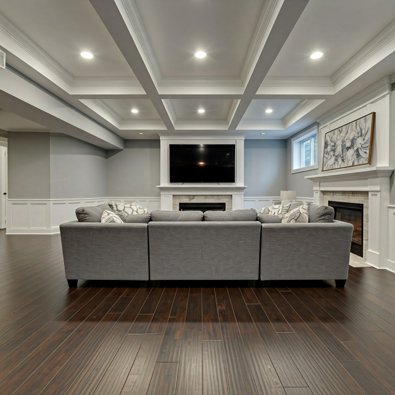 The photo depicts a newly finished basement that features a living room setup. It includes couches arranged around a television, highlighting an inviting and comfortable atmosphere. The interior design incorporates various elements such as cabinetry, laminate flooring, and modern furnishings, contributing to the overall aesthetics of the space.