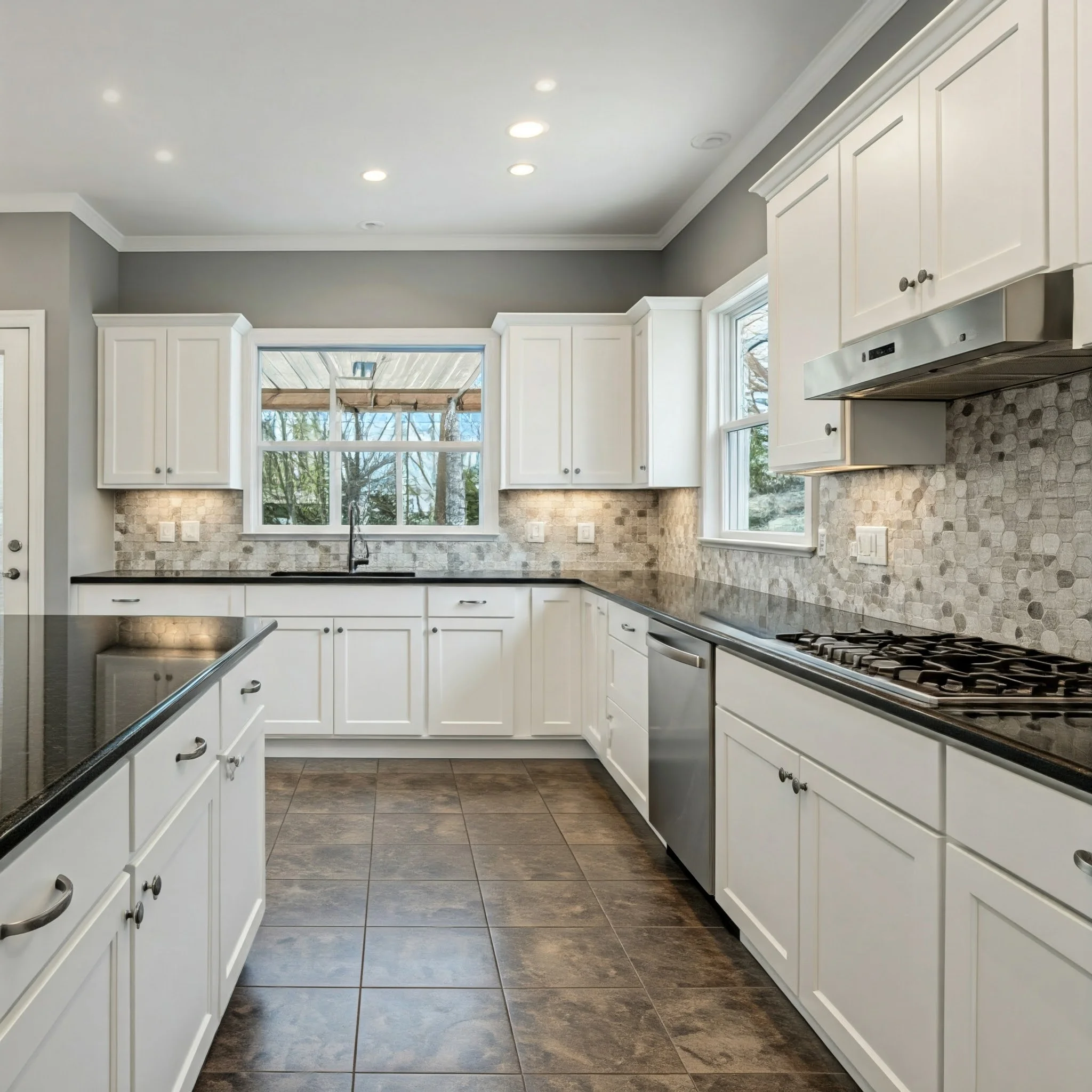 Modern Kitchen Renovation Modern kitchen with white cabinets granite counter tops and mosaic tile backsplash